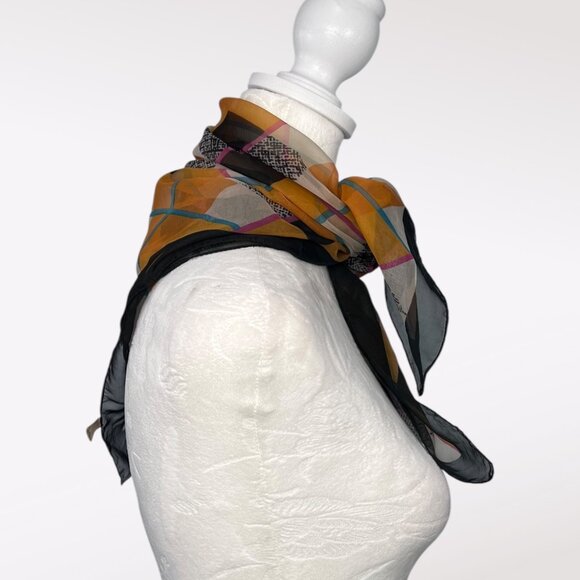 Vintage Echo Made In Italy Sheer Square Scarf Black Orange Pink 80s 90s - Picture 6 of 7